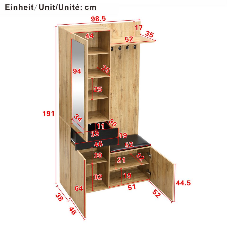 Merax Garderoben-Set mit Spiegel, 5 Haken und Schuhschrank, (Garderobenkombination in Holzoptik mit Schwarz, 1-St), Flurgarderobe mit Sitzbank,Ablagefächern & E – Bild 5 von 5