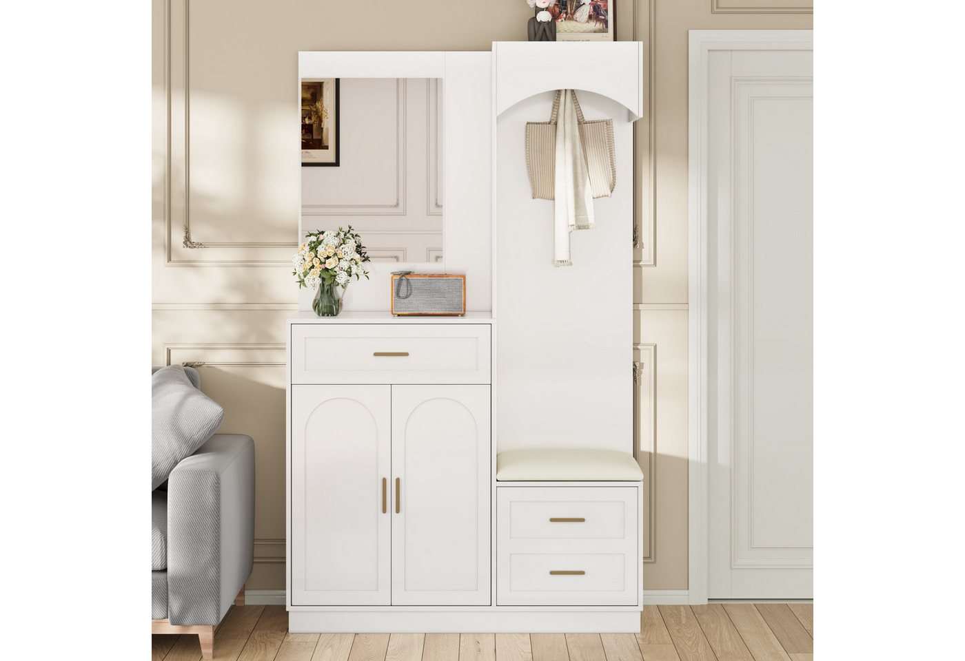 Merax Garderoben-Set mit Spiegel, Eingangsschrank mit verstellbaren Einlegeböden, (Moderne Garderobenschrank- & Schuhschrank-Kombination, 1-St., Eingangsschrank – Bild 4 von 5