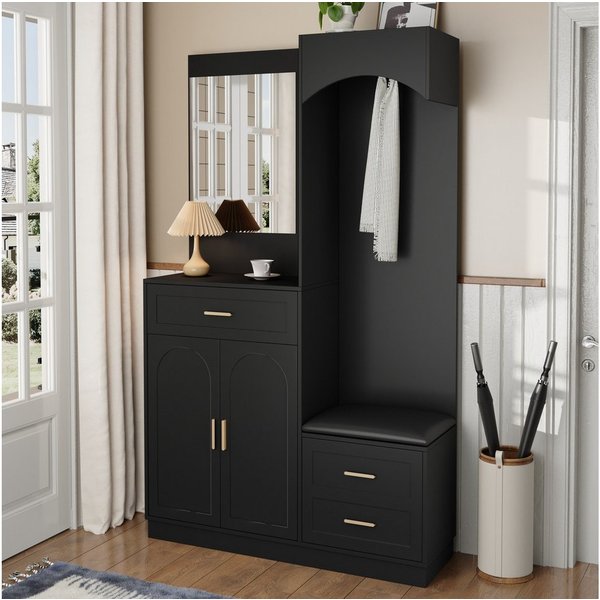 Merax Garderoben-Set mit Spiegel, Eingangsschrank mit verstellbaren Einlegeböden, (Moderne Garderobenschrank- & Schuhschrank-Kombination, 1-St., Eingangsschrank