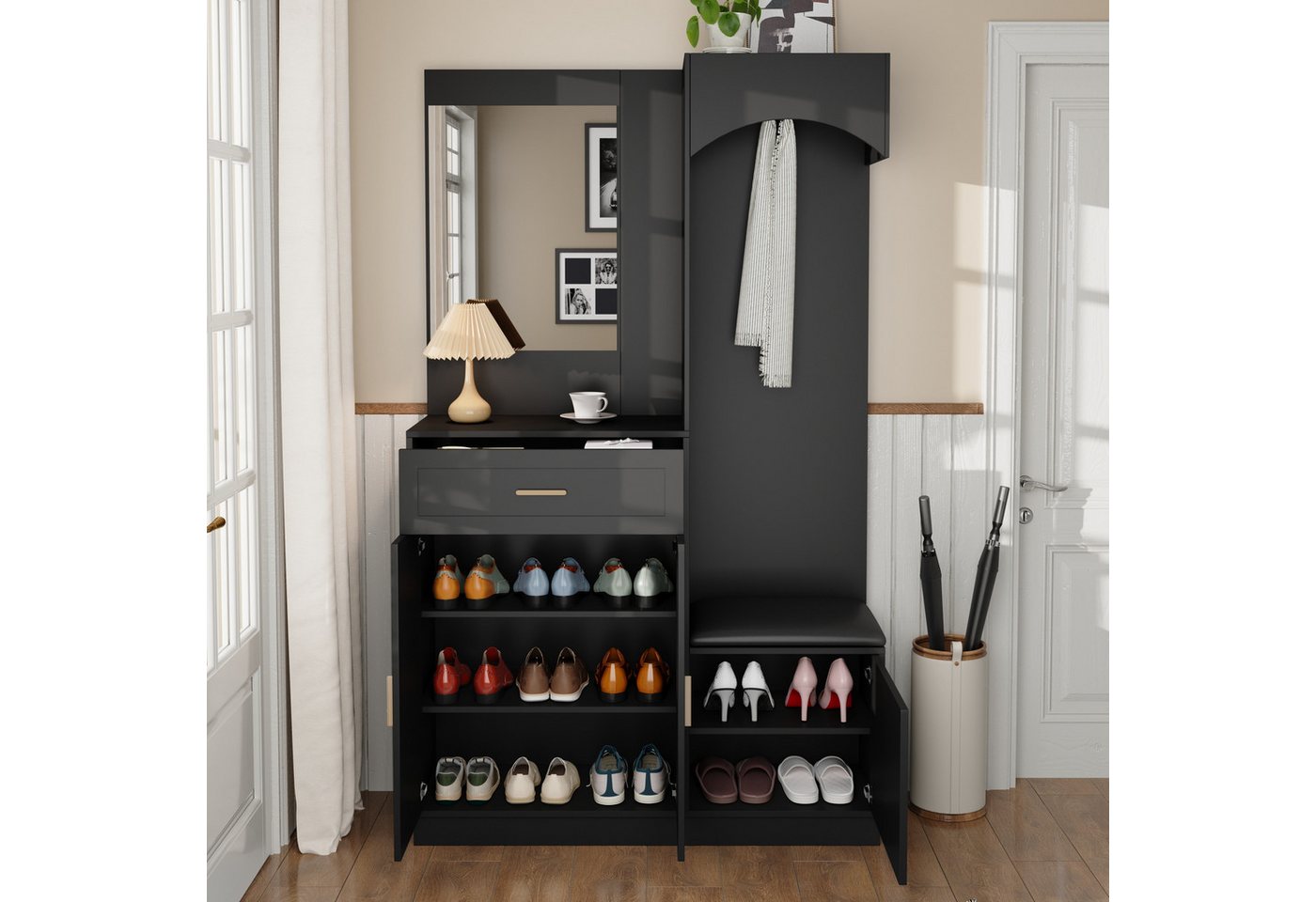 Merax Garderoben-Set mit Spiegel, Eingangsschrank mit verstellbaren Einlegeböden, (Moderne Garderobenschrank- & Schuhschrank-Kombination, 1-St., Eingangsschrank – Bild 2 von 5