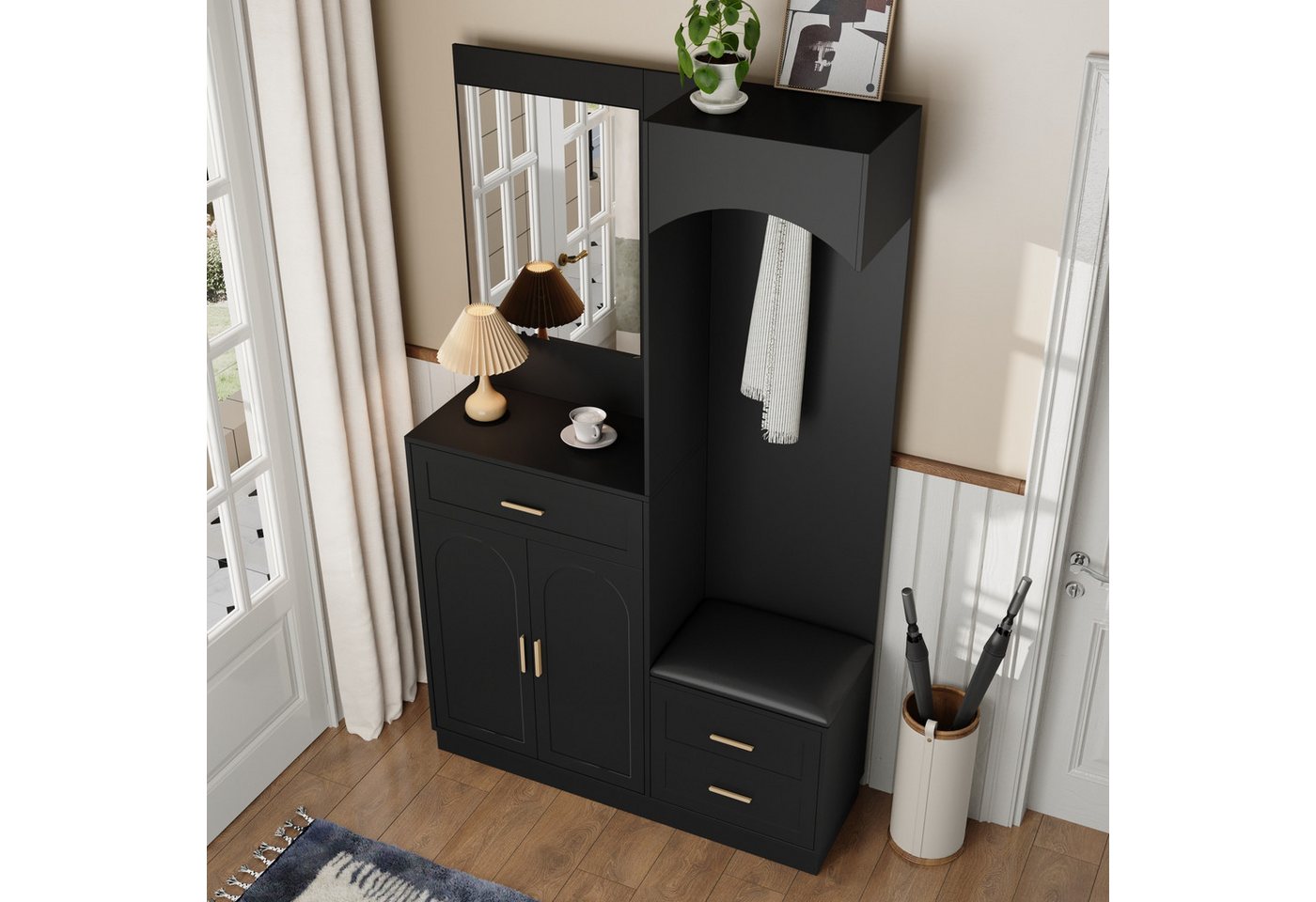 Merax Garderoben-Set mit Spiegel, Eingangsschrank mit verstellbaren Einlegeböden, (Moderne Garderobenschrank- & Schuhschrank-Kombination, 1-St., Eingangsschrank – Bild 3 von 5