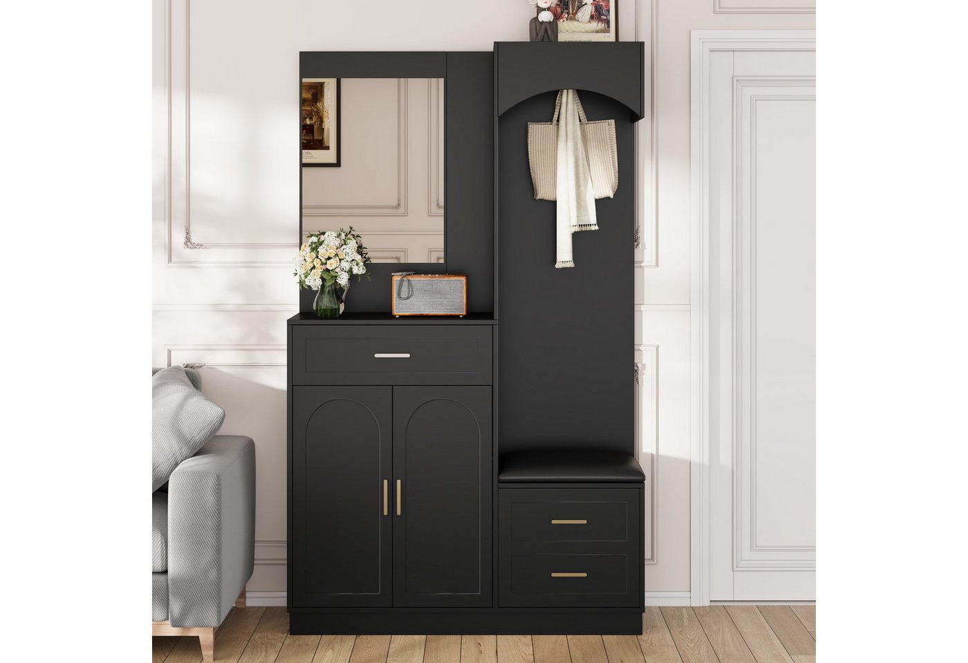 Merax Garderoben-Set mit Spiegel, Eingangsschrank mit verstellbaren Einlegeböden, (Moderne Garderobenschrank- & Schuhschrank-Kombination, 1-St., Eingangsschrank – Bild 4 von 5