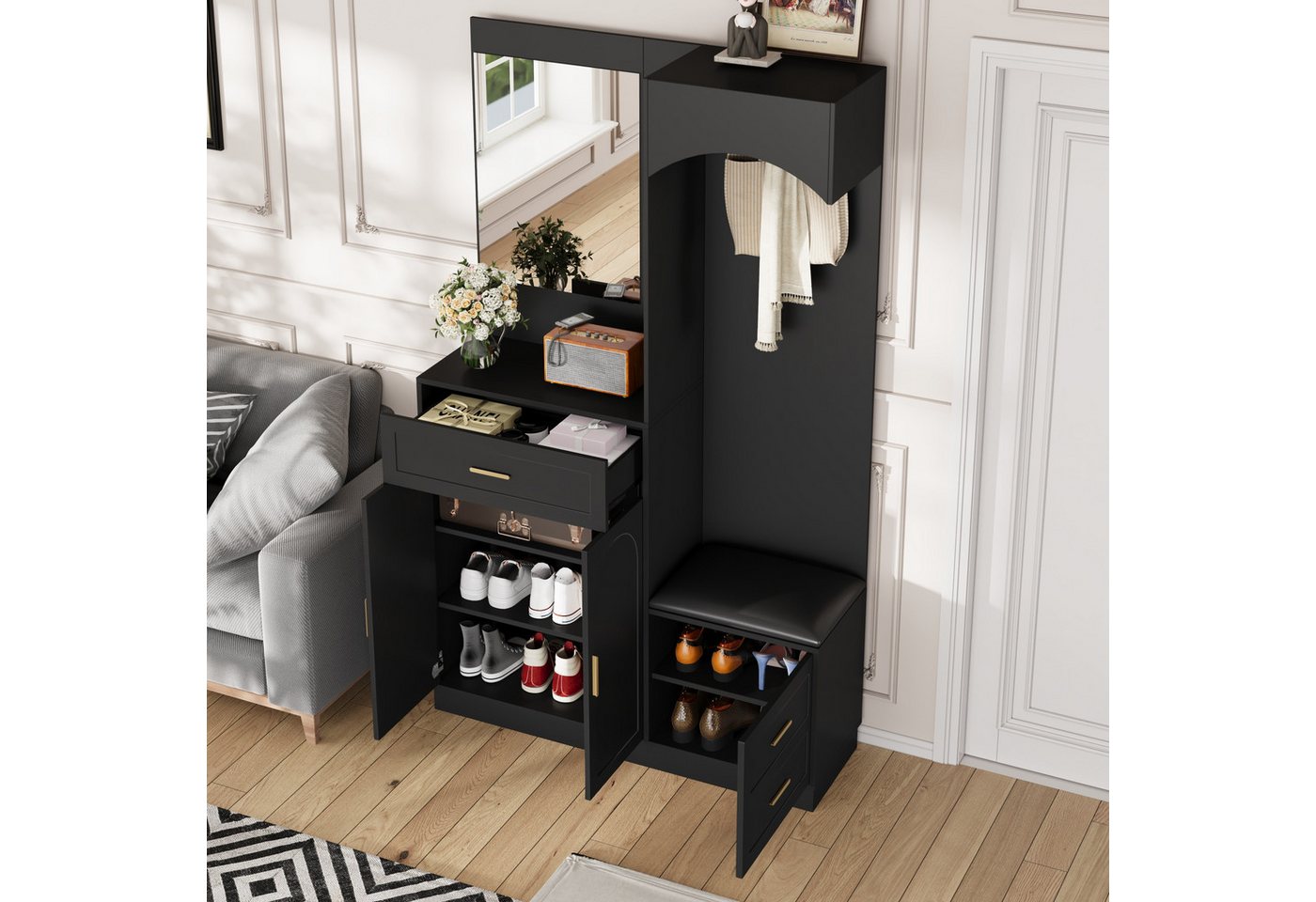Merax Garderoben-Set mit Spiegel, Eingangsschrank mit verstellbaren Einlegeböden, (Moderne Garderobenschrank- & Schuhschrank-Kombination, 1-St., Eingangsschrank – Bild 5 von 5