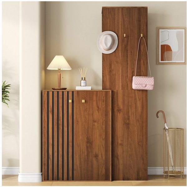 Merax Garderoben-Set mit Stauraum, (1-St., 115 × 38,5 × 191,5 cm), Kompaktgarderobe mit Schuhschrank, Kleiderhaken & Kleiderstange