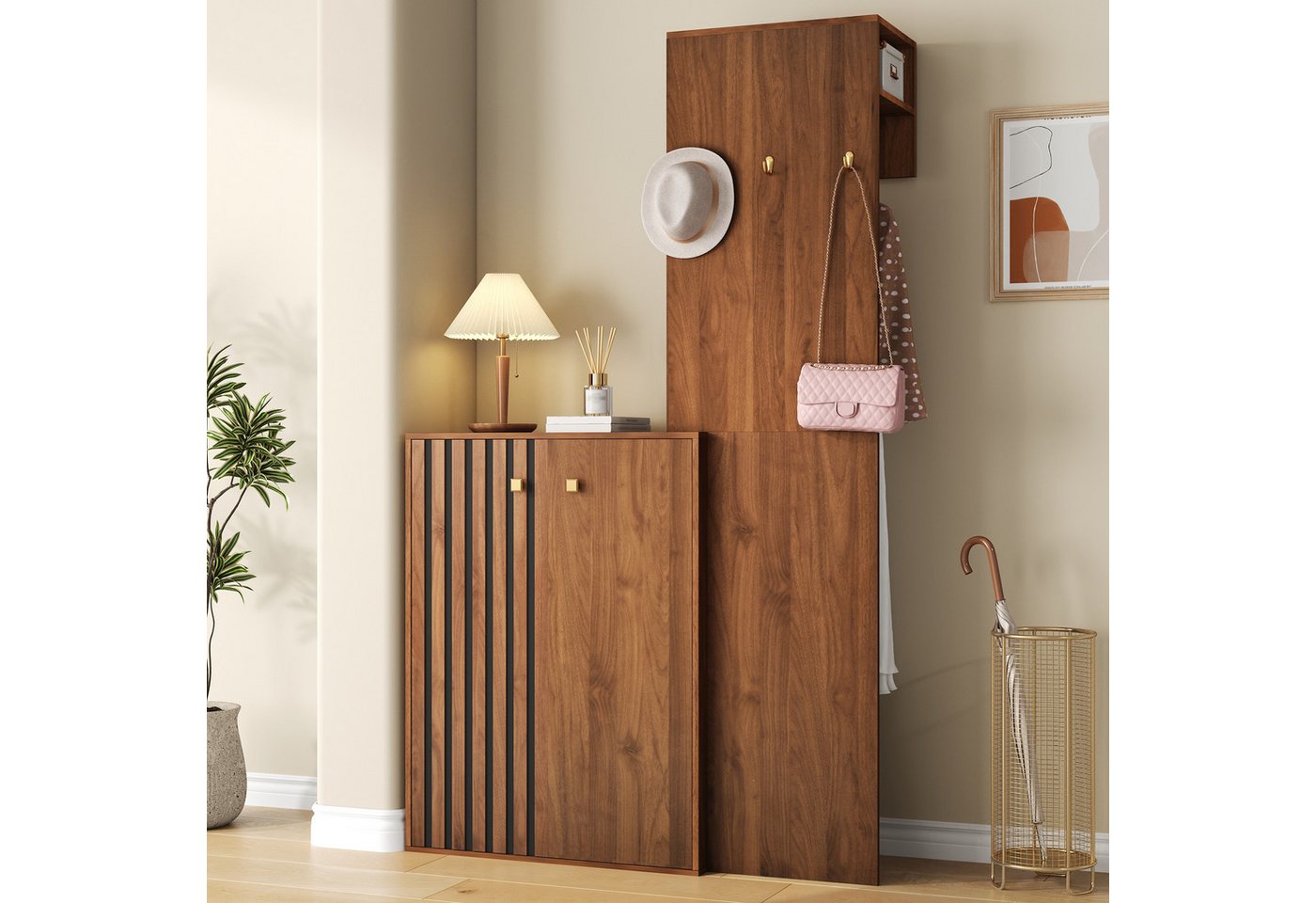 Merax Garderoben-Set mit Stauraum, (1-St., 115 × 38,5 × 191,5 cm), Kompaktgarderobe mit Schuhschrank, Kleiderhaken & Kleiderstange – Bild 3 von 5