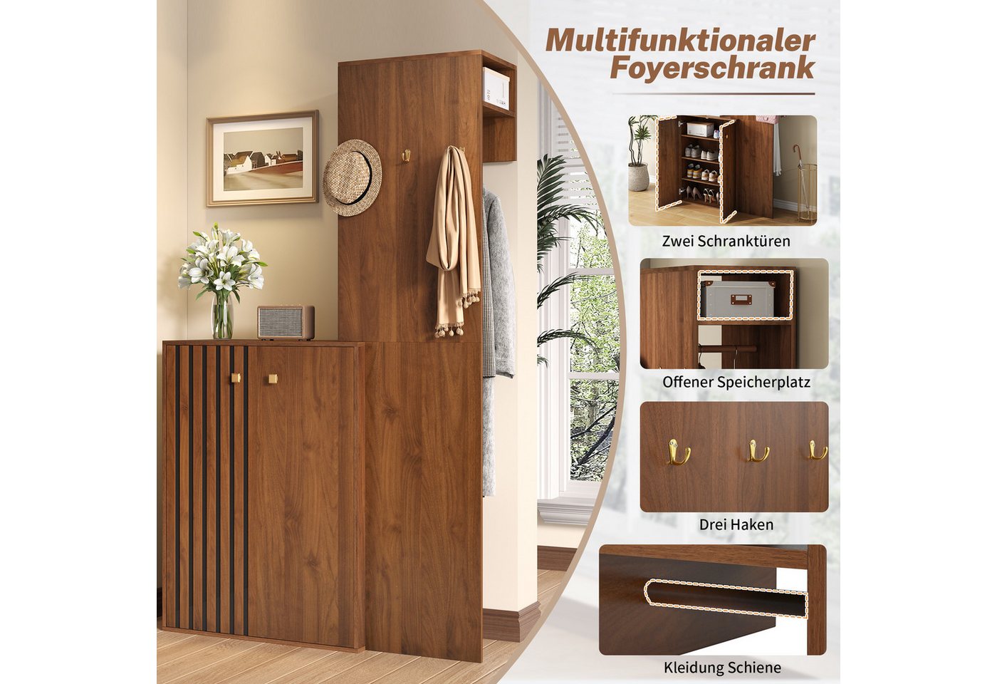 Merax Garderoben-Set mit Stauraum, (1-St., 115 × 38,5 × 191,5 cm), Kompaktgarderobe mit Schuhschrank, Kleiderhaken & Kleiderstange – Bild 4 von 5