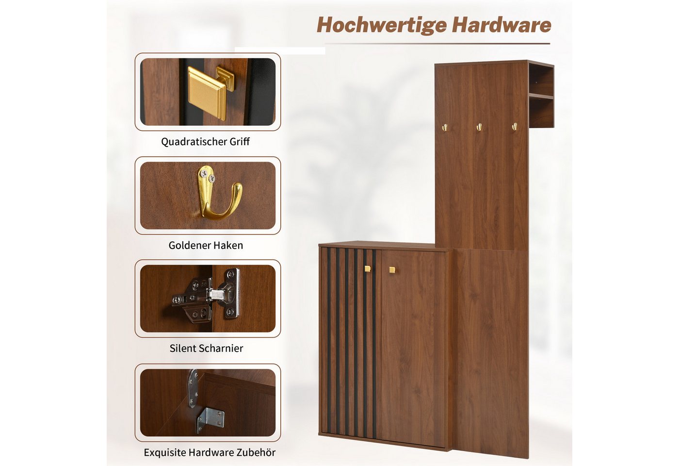 Merax Garderoben-Set mit Stauraum, (1-St., 115 × 38,5 × 191,5 cm), Kompaktgarderobe mit Schuhschrank, Kleiderhaken & Kleiderstange – Bild 5 von 5