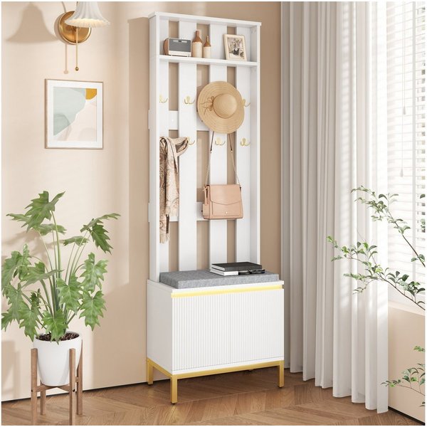 Merax Garderobenständer mit Schuhschrank, gepolsterter Sitzbank und 8 goldenen Doppelhaken, (Wandpaneel Garderobenbank 60x35,5x191,5cm, 1 St), Flurgarderobe mit
