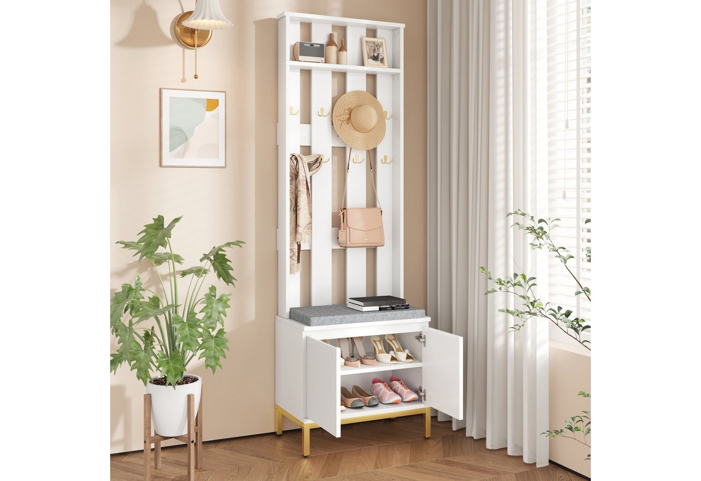 Merax Garderobenständer mit Schuhschrank, gepolsterter Sitzbank und 8 goldenen Doppelhaken, (Wandpaneel Garderobenbank 60x35,5x191,5cm, 1 St), Flurgarderobe mit – Bild 3 von 5