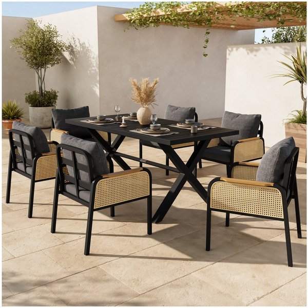 Merax Gartenlounge-Set Polyratten Essgruppe mit rattanbezogenen Armlehnen & Eisengestell, (7-tlg), 6-Sitzer Gartenmöbel-Set Balkonset mit Esstisch, 6 Stühlen & 