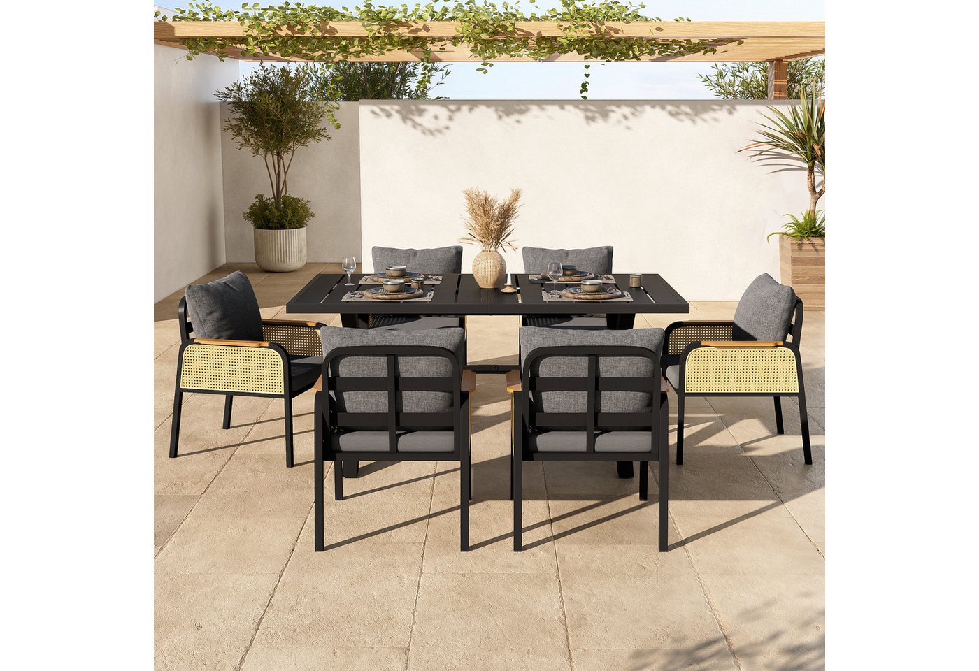 Merax Gartenlounge-Set Polyratten Essgruppe mit rattanbezogenen Armlehnen & Eisengestell, (7-tlg), 6-Sitzer Gartenmöbel-Set Balkonset mit Esstisch, 6 Stühlen &  – Bild 2 von 5