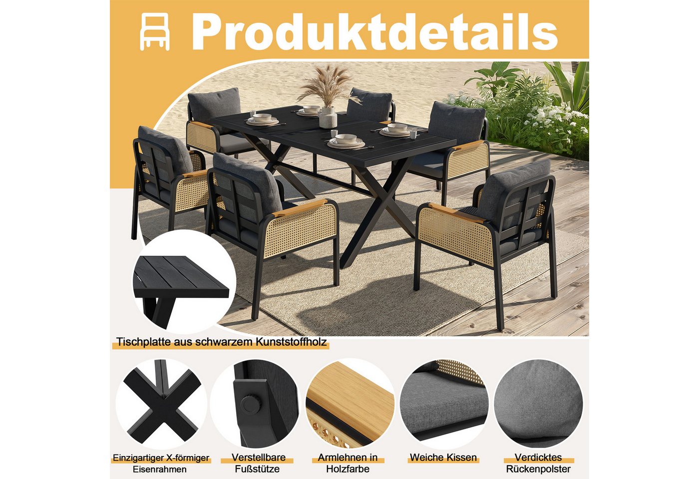 Merax Gartenlounge-Set Polyratten Essgruppe mit rattanbezogenen Armlehnen & Eisengestell, (7-tlg), 6-Sitzer Gartenmöbel-Set Balkonset mit Esstisch, 6 Stühlen &  – Bild 4 von 5