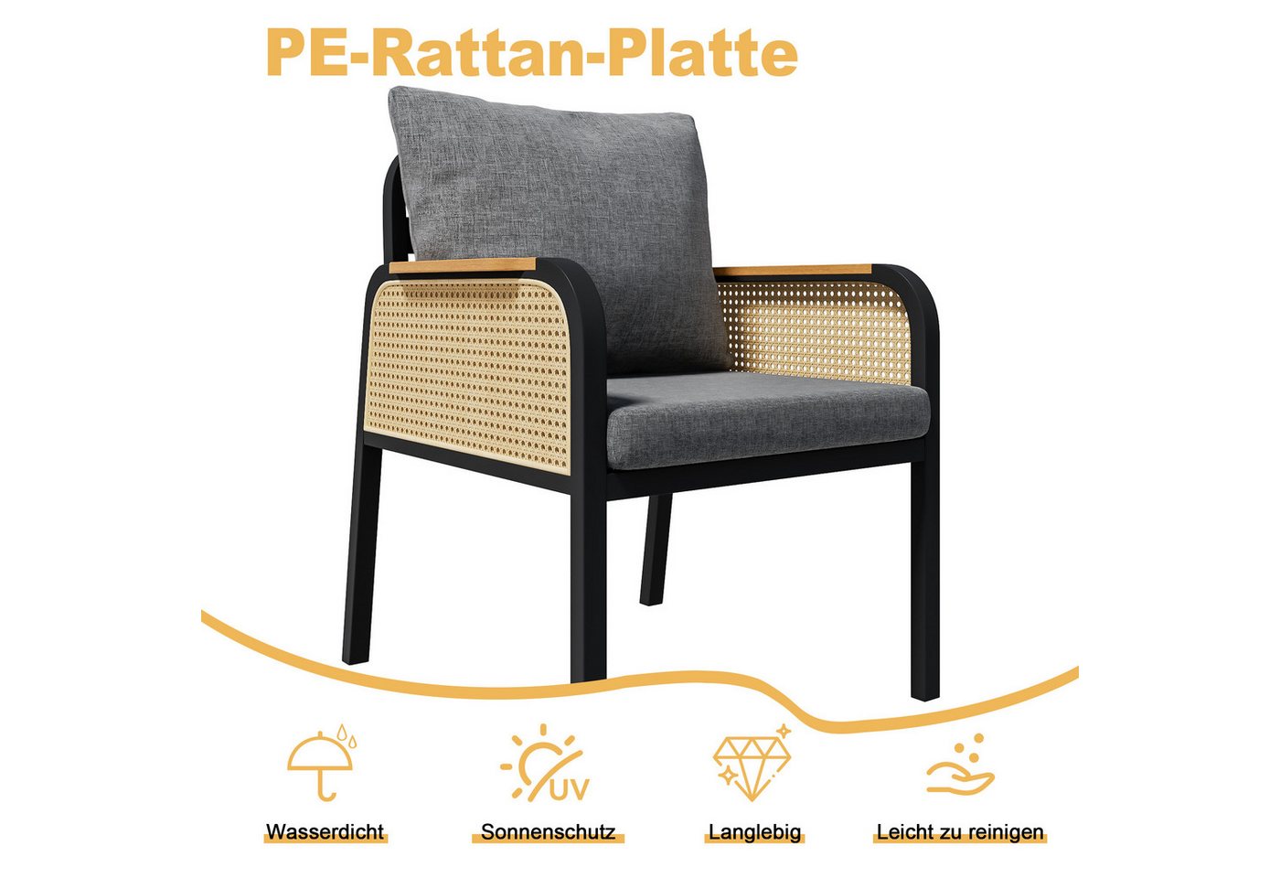Merax Gartenlounge-Set Polyratten Essgruppe mit rattanbezogenen Armlehnen & Eisengestell, (7-tlg), 6-Sitzer Gartenmöbel-Set Balkonset mit Esstisch, 6 Stühlen &  – Bild 5 von 5