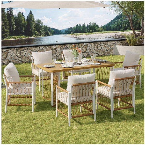 Merax Gartenlounge-Set Polyratten Gartenmöbel-Set mit geflochtenen Armlehnen & Polsterkissen, (7-tlg), 6-Sitzer Gartenset mit 1 Tisch & 6 Stühlen,Lounge-Set mit