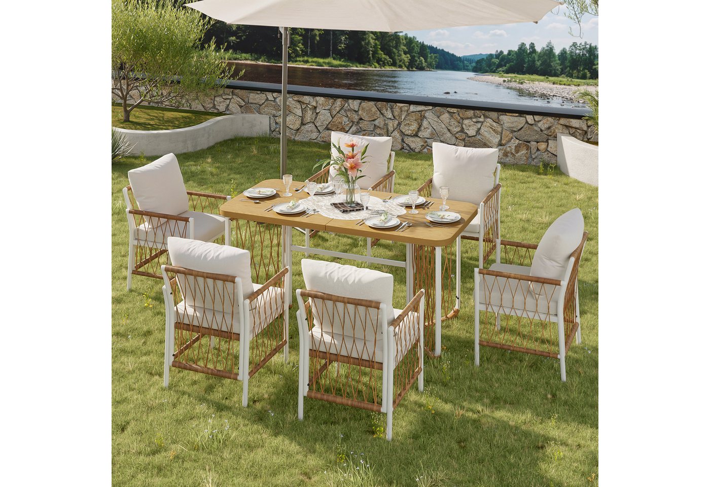 Merax Gartenlounge-Set Polyratten Gartenmöbel-Set mit geflochtenen Armlehnen & Polsterkissen, (7-tlg), 6-Sitzer Gartenset mit 1 Tisch & 6 Stühlen,Lounge-Set mit – Bild 2 von 5