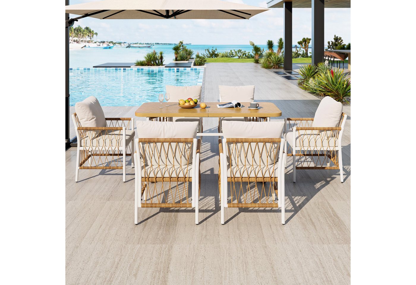 Merax Gartenlounge-Set Polyratten Gartenmöbel-Set mit geflochtenen Armlehnen & Polsterkissen, (7-tlg), 6-Sitzer Gartenset mit 1 Tisch & 6 Stühlen,Lounge-Set mit – Bild 3 von 5