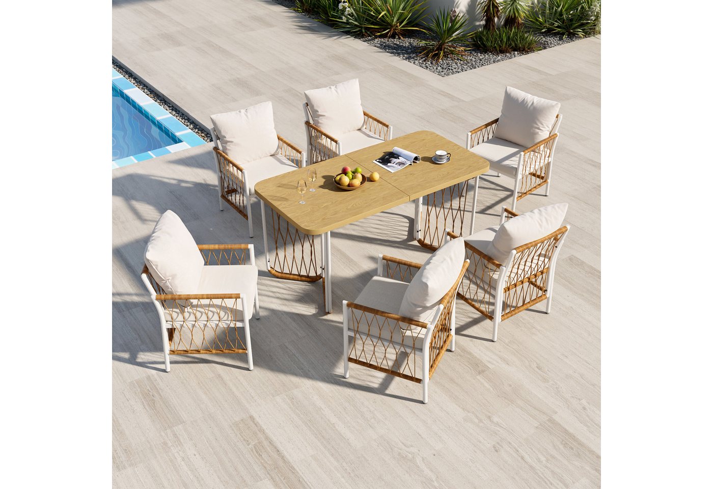Merax Gartenlounge-Set Polyratten Gartenmöbel-Set mit geflochtenen Armlehnen & Polsterkissen, (7-tlg), 6-Sitzer Gartenset mit 1 Tisch & 6 Stühlen,Lounge-Set mit – Bild 4 von 5