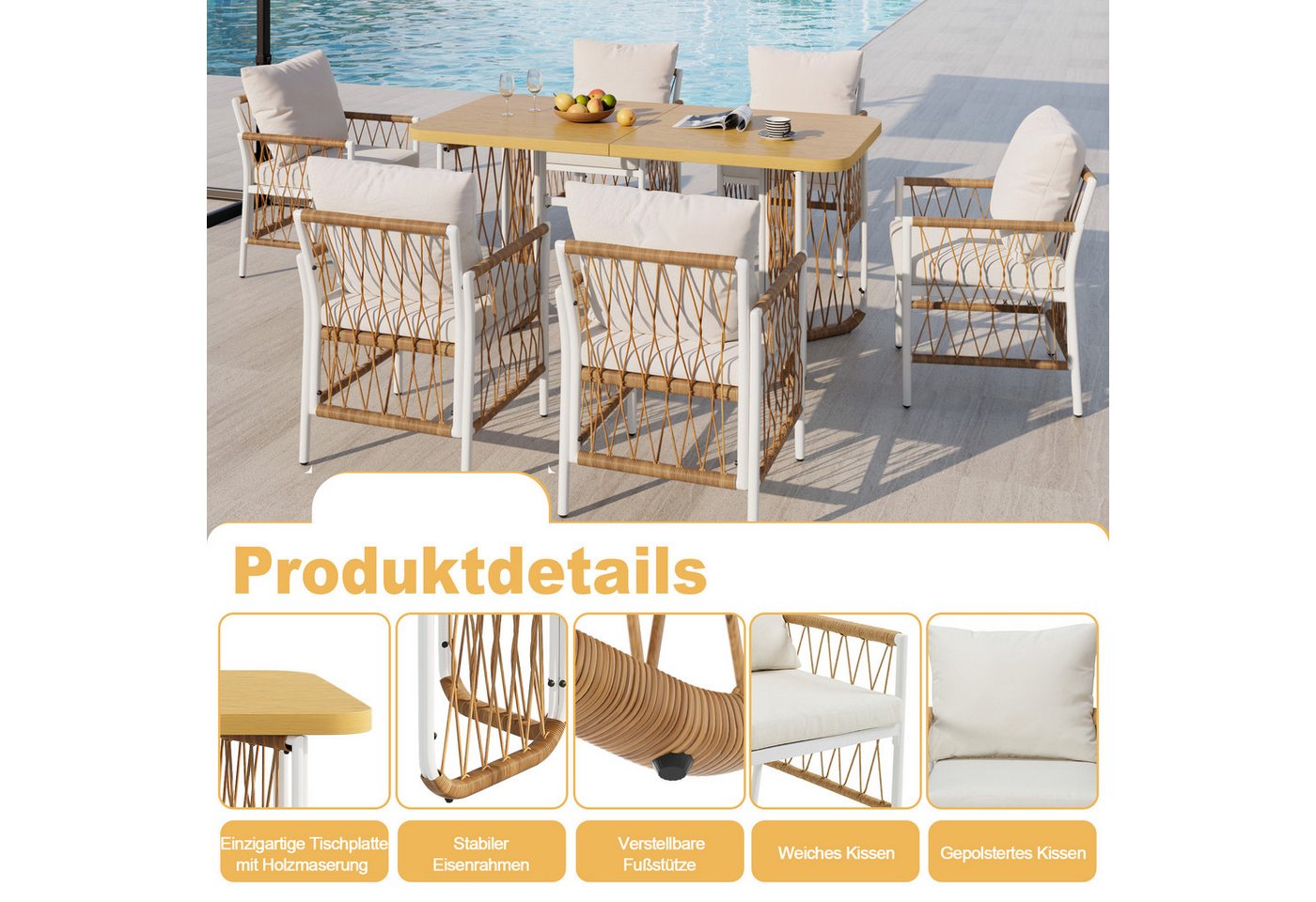 Merax Gartenlounge-Set Polyratten Gartenmöbel-Set mit geflochtenen Armlehnen & Polsterkissen, (7-tlg), 6-Sitzer Gartenset mit 1 Tisch & 6 Stühlen,Lounge-Set mit – Bild 5 von 5