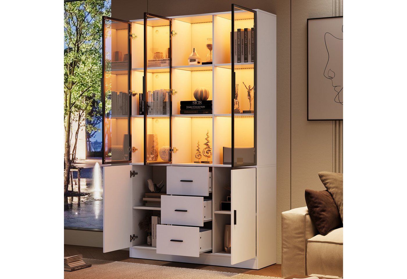 Merax Glasvitrine mit LED Beleuchtung, Highboard mit Glasfront (Bücherregal Sammlervitrine Wohnzimmerschrank, 1-St) Vitrine mit 5 Türen, 3 Schubladen & 13 Fäche – Bild 2 von 5