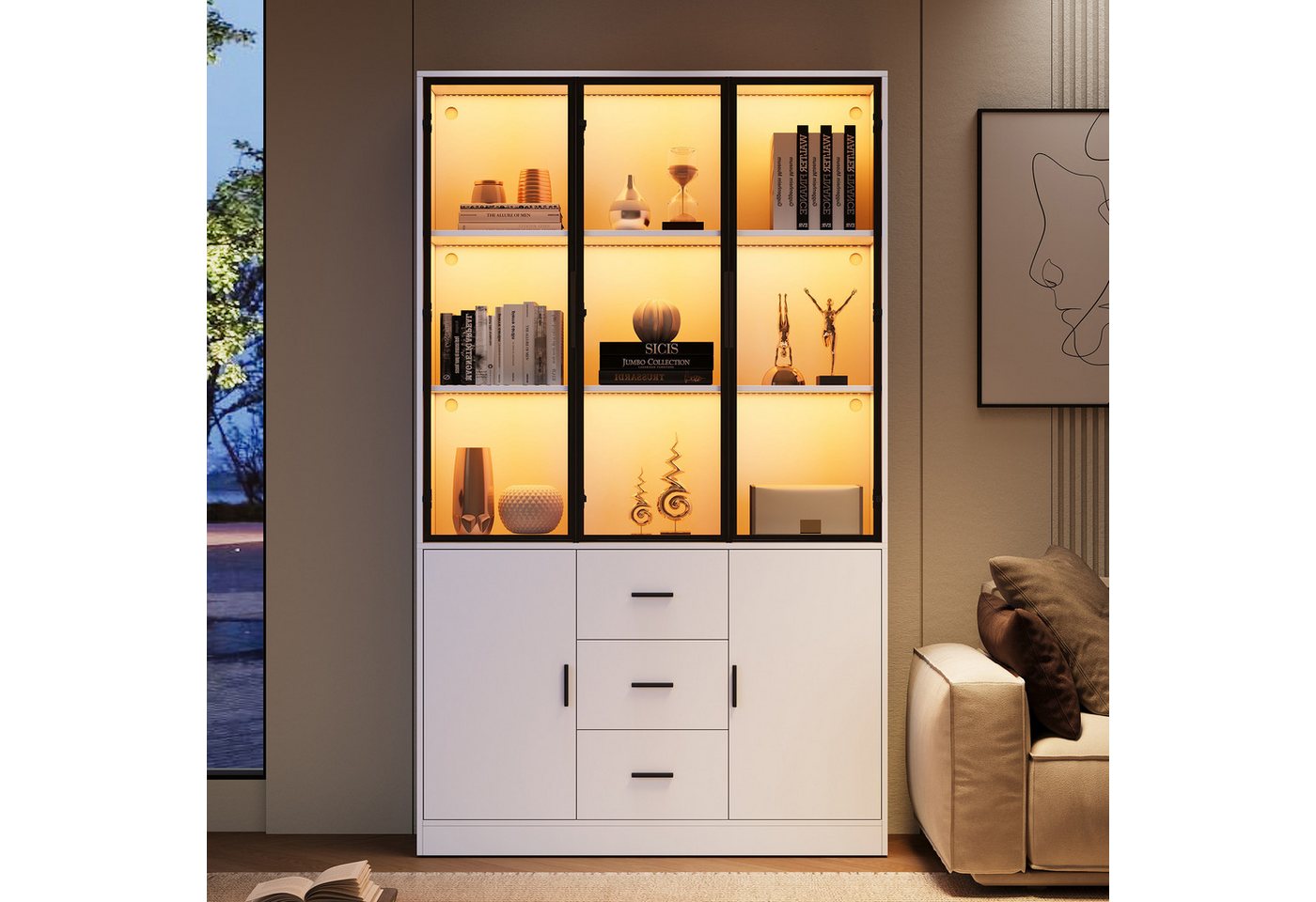 Merax Glasvitrine mit LED Beleuchtung, Highboard mit Glasfront (Bücherregal Sammlervitrine Wohnzimmerschrank, 1-St) Vitrine mit 5 Türen, 3 Schubladen & 13 Fäche – Bild 3 von 5