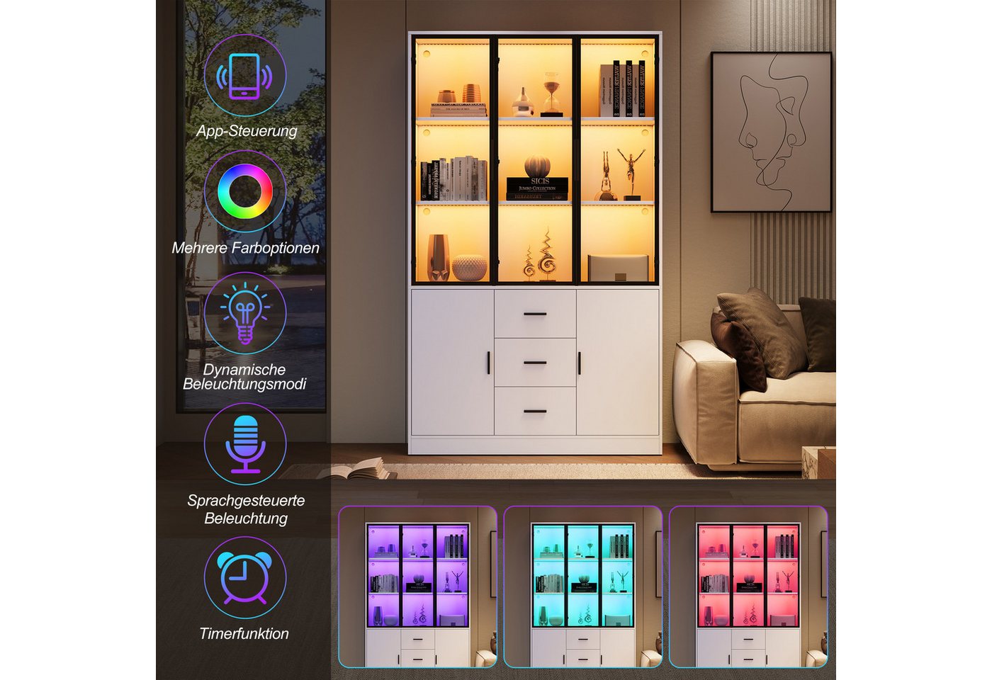 Merax Glasvitrine mit LED Beleuchtung, Highboard mit Glasfront (Bücherregal Sammlervitrine Wohnzimmerschrank, 1-St) Vitrine mit 5 Türen, 3 Schubladen & 13 Fäche – Bild 5 von 5