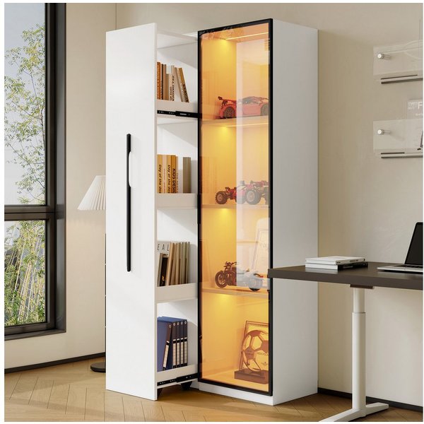 Merax Glasvitrine mit LED-Beleuchtung (70x40x160cm, 1-St., Bücherregal LED-Glasvitrine mit Aluminium-Türrahmen) Multifunktionsschrank Vitrine mit Glastür & seit