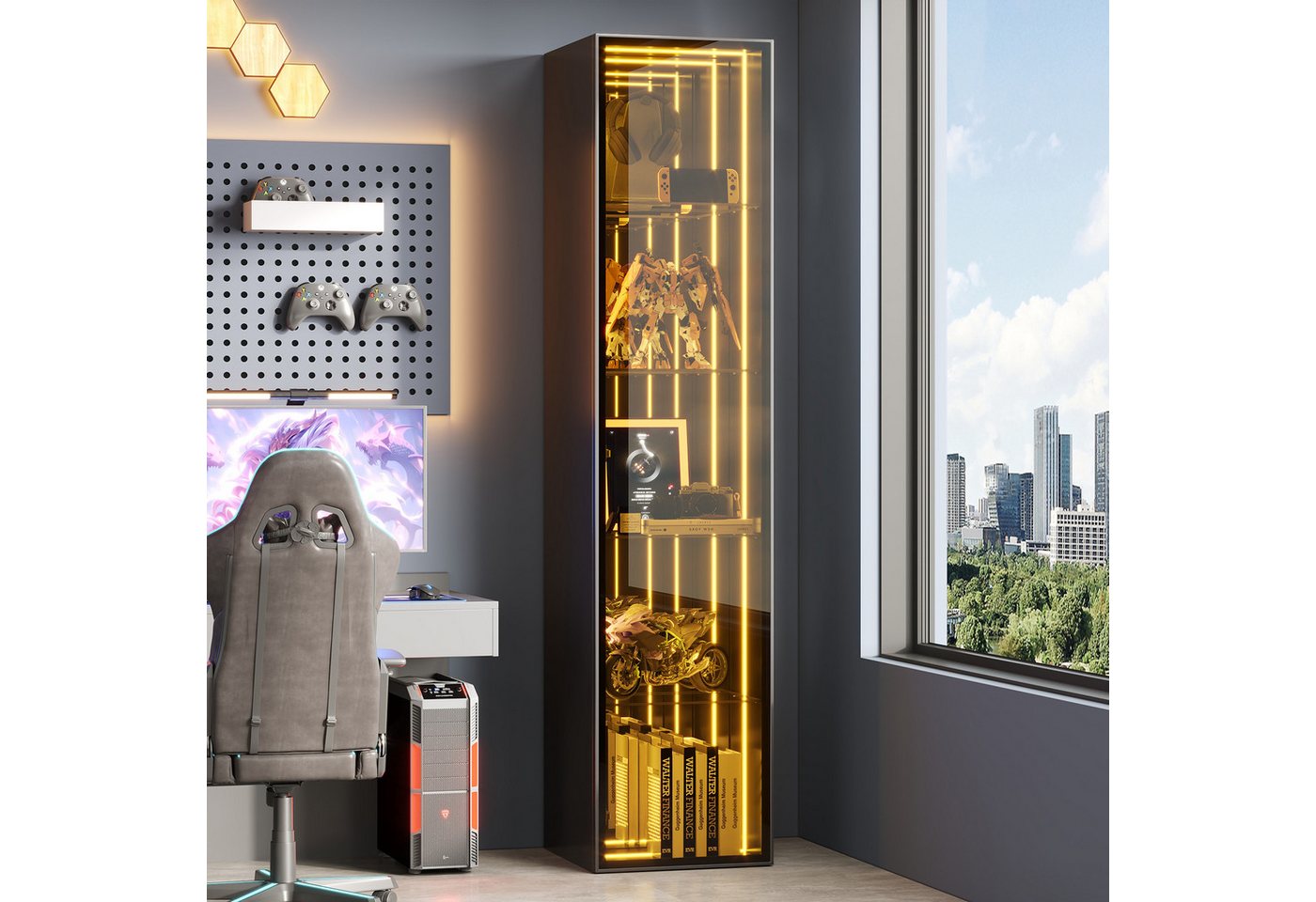 Merax Glasvitrine mit LED Beleuchtung, Aufbewahrungsschrank (1-St., mit Aluminiumrahmen und 5 Ebenen) Hochschrank Vitrinen, H 160 cm – Bild 3 von 5