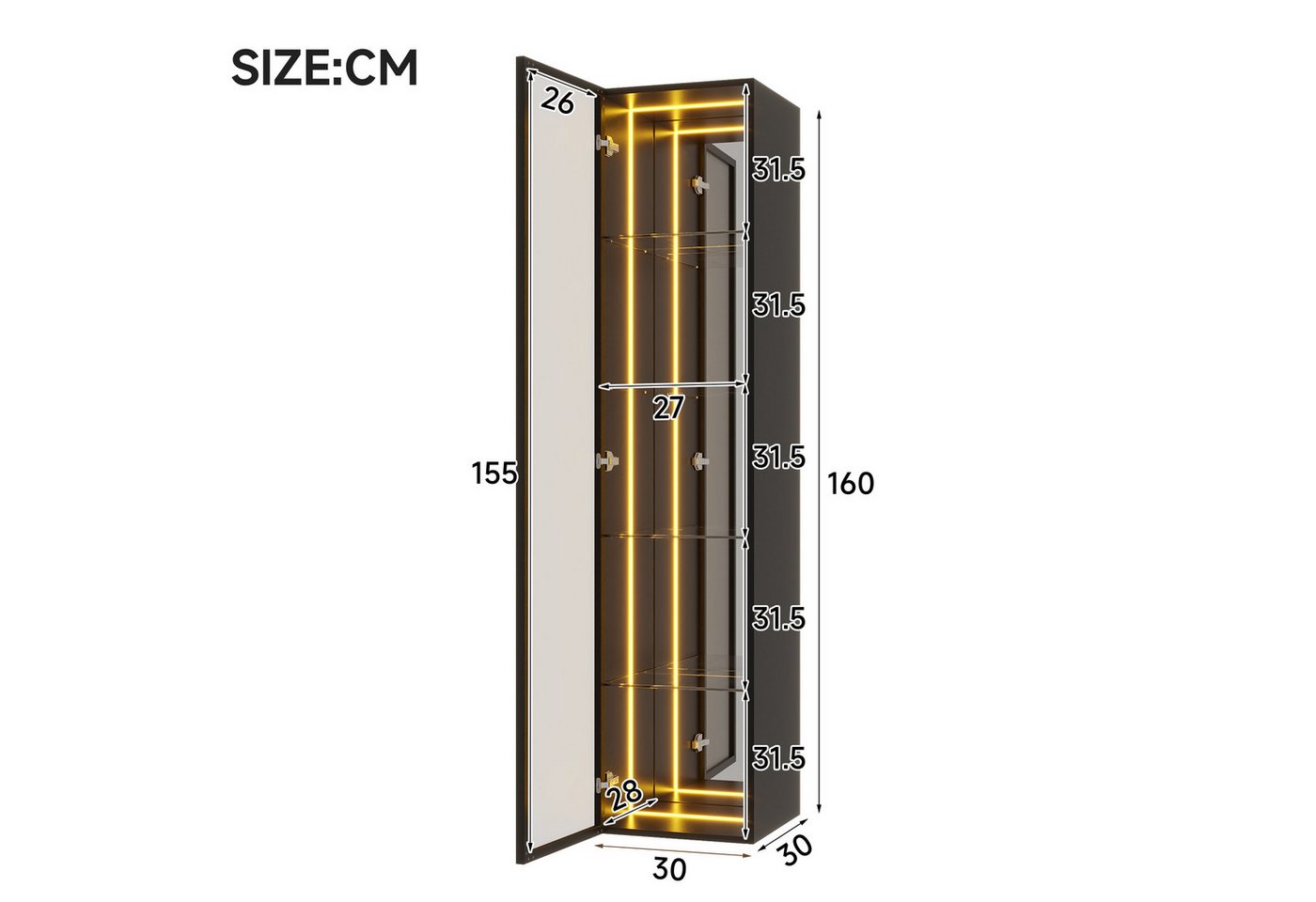 Merax Glasvitrine mit LED Beleuchtung, Aufbewahrungsschrank (1-St., mit Aluminiumrahmen und 5 Ebenen) Hochschrank Vitrinen, H 160 cm – Bild 4 von 5