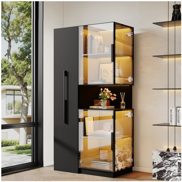 Merax Glasvitrine mit LED Beleuchtung, Vitrinenschrank (1-St., mit ausziehbaren Seitenregalen, Hochschrank) Doppelglas Standvitrine für Wohnzimmer