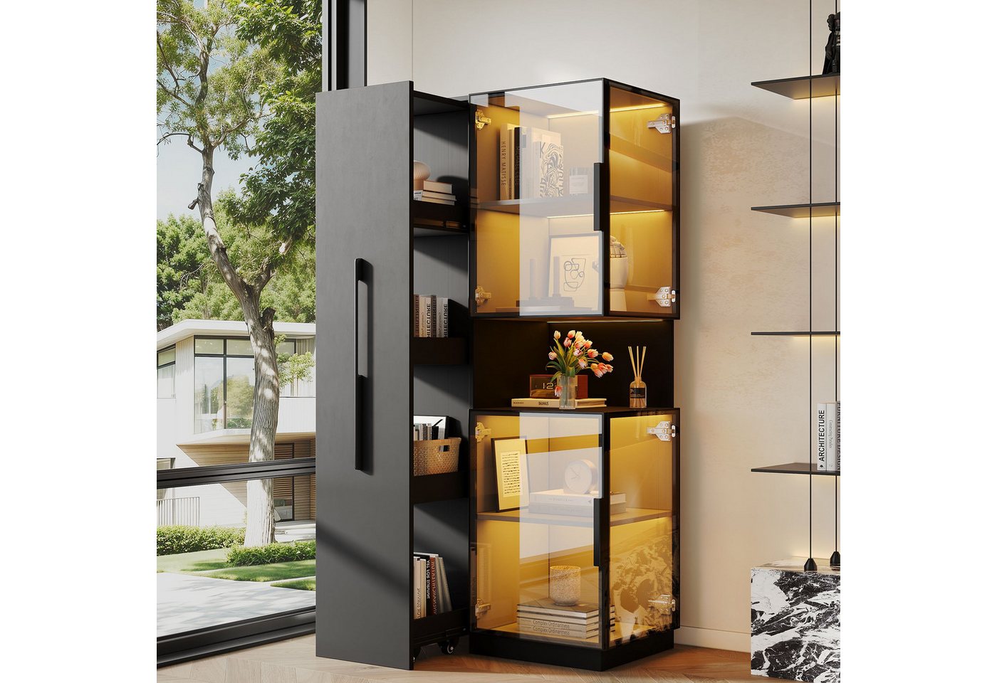Merax Glasvitrine mit LED Beleuchtung, Vitrinenschrank (1-St., mit ausziehbaren Seitenregalen, Hochschrank) Doppelglas Standvitrine für Wohnzimmer – Bild 2 von 5