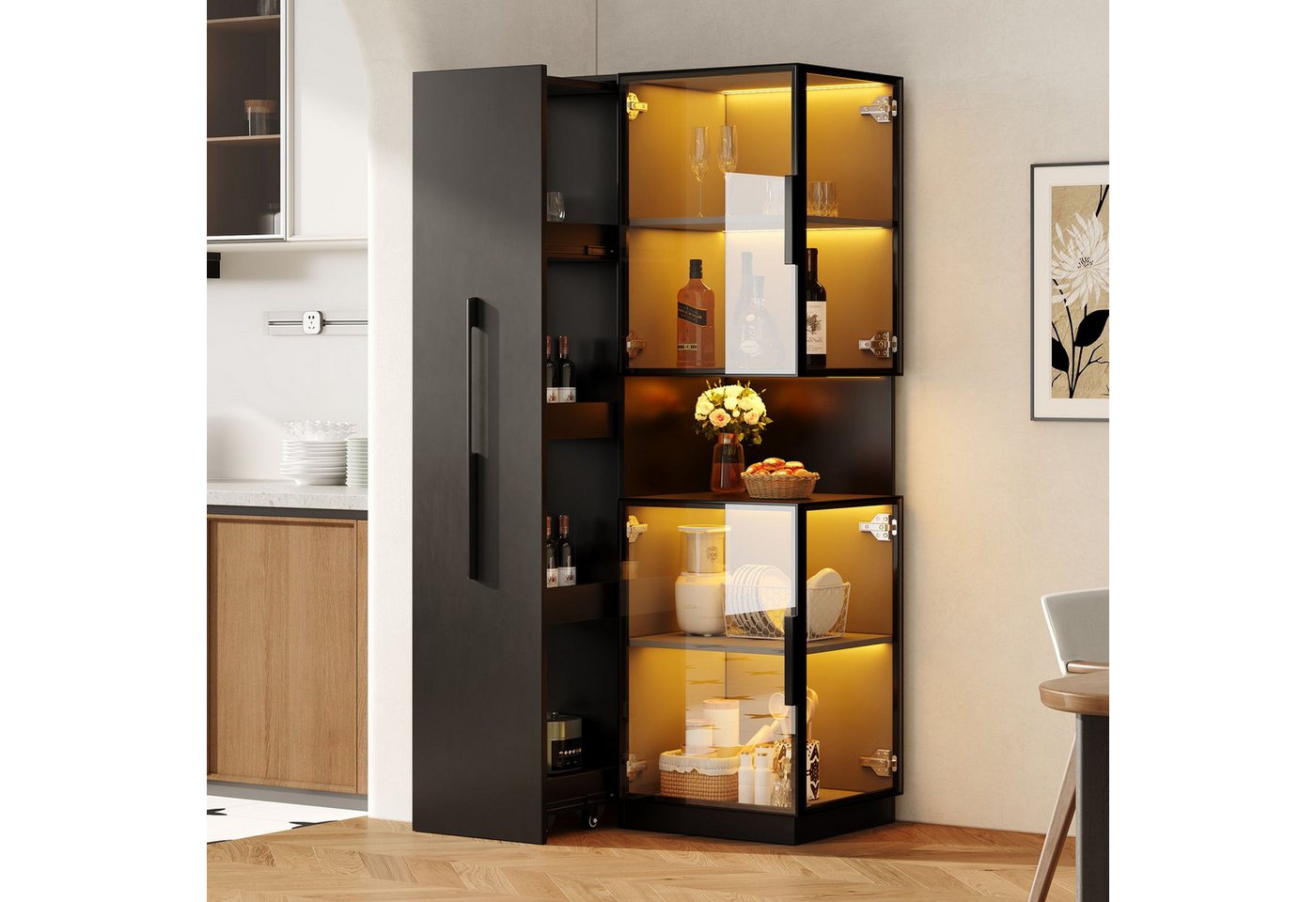 Merax Glasvitrine mit LED Beleuchtung, Vitrinenschrank (1-St., mit ausziehbaren Seitenregalen, Hochschrank) Doppelglas Standvitrine für Wohnzimmer – Bild 3 von 5