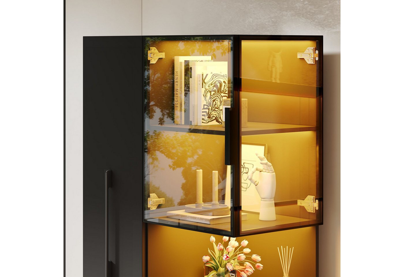 Merax Glasvitrine mit LED Beleuchtung, Vitrinenschrank (1-St., mit ausziehbaren Seitenregalen, Hochschrank) Doppelglas Standvitrine für Wohnzimmer – Bild 4 von 5