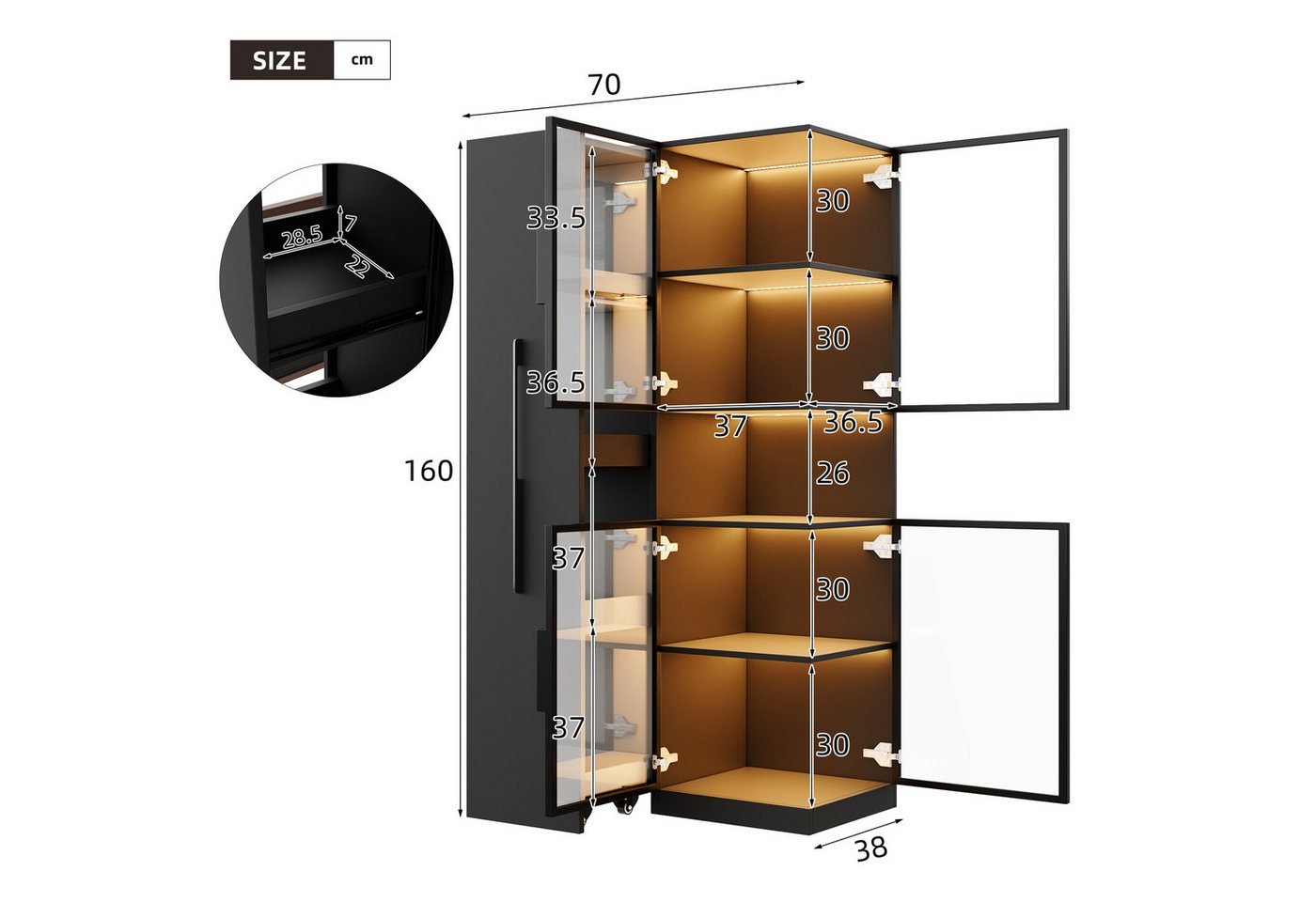 Merax Glasvitrine mit LED Beleuchtung, Vitrinenschrank (1-St., mit ausziehbaren Seitenregalen, Hochschrank) Doppelglas Standvitrine für Wohnzimmer – Bild 5 von 5