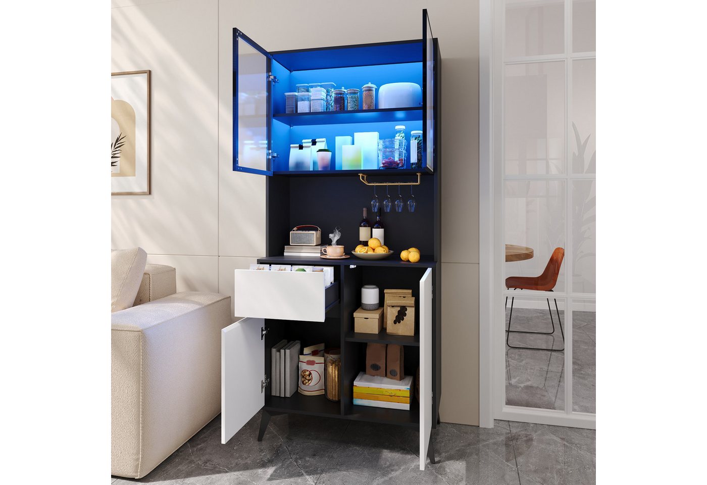 Merax Glasvitrine mit LED-Beleuchtung inkl.APP, 120x40x160cm (1-St., Küchenbuffet Buffetschrank Aufbewahrungsschrank Wohnzimmerschrank) Hochschrank mit Glastüre – Bild 2 von 5