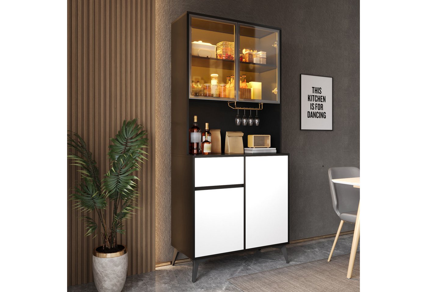 Merax Glasvitrine mit LED-Beleuchtung inkl.APP, 120x40x160cm (1-St., Küchenbuffet Buffetschrank Aufbewahrungsschrank Wohnzimmerschrank) Hochschrank mit Glastüre – Bild 4 von 5