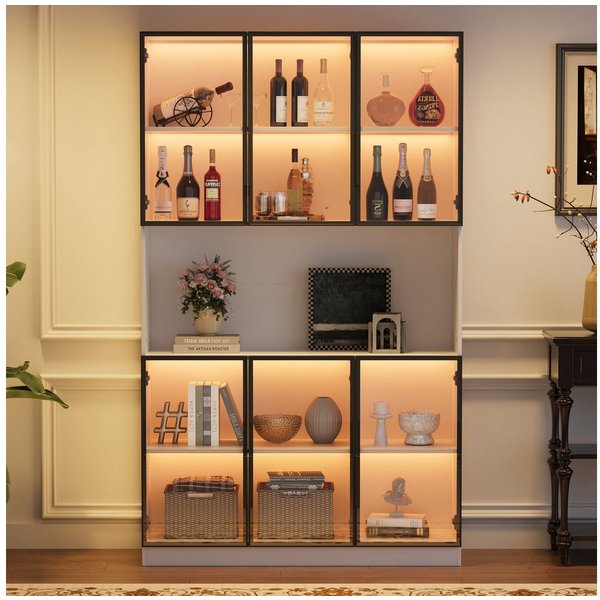 Merax Glasvitrine mit LED-Beleuchtung per App (Multifunktionsschrank Vitrinenschrank, 1-St., Hochschrank Wohnzimmerschrank Schrank) Vitrine mit 6 Glastüren und 