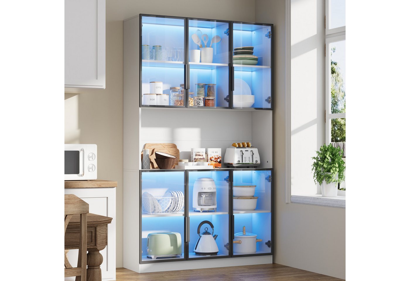 Merax Glasvitrine mit LED-Beleuchtung per App (Multifunktionsschrank Vitrinenschrank, 1-St., Hochschrank Wohnzimmerschrank Schrank) Vitrine mit 6 Glastüren und  – Bild 4 von 5