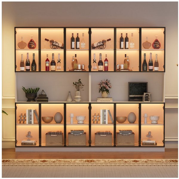 Merax Glasvitrine mit LED-Beleuchtung per App (Multifunktionsschrank Vitrinenschrank, 2-St., Hochschrank Wohnzimmerschrank Schrank) Vitrine mit 6 Glastüren und 