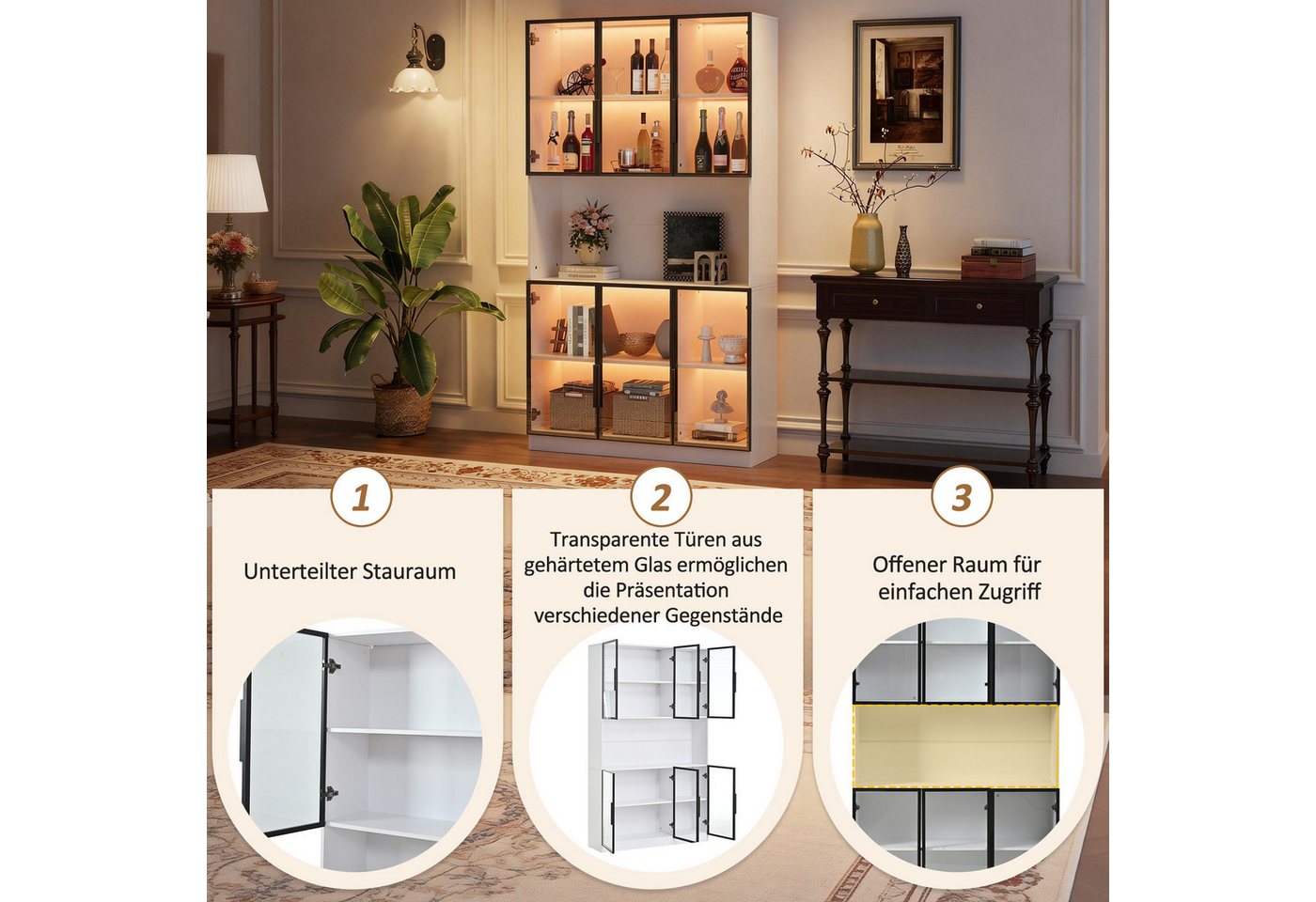 Merax Glasvitrine mit LED-Beleuchtung per App (Multifunktionsschrank Vitrinenschrank, 2-St., Hochschrank Wohnzimmerschrank Schrank) Vitrine mit 6 Glastüren und  – Bild 5 von 5