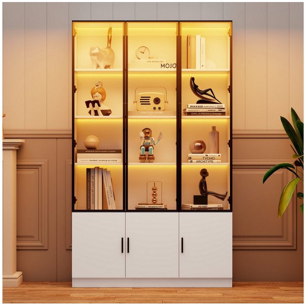 Merax Glasvitrine mit LED-Beleuchtung steuerbar per App (Wohnzimmerschrank Hochschrank Multifunktionsschrank, 1-St) Standvitrine mit 6 Türen und größer Stauraum