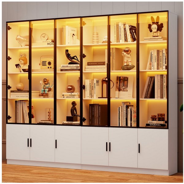 Merax Glasvitrine mit LED-Beleuchtung steuerbar per App (Wohnzimmerschrank Hochschrank Multifunktionsschrank, 2-St) Standvitrine mit 6 Türen und größer Stauraum