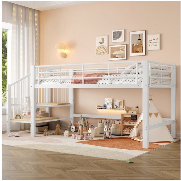 Merax Hochbett (1-St., Etagenbett Jugendbett Einzelbett) Metallbett Kinderbett 90x200cm mit Stauraumtreppe, Zaun & Lattenrost