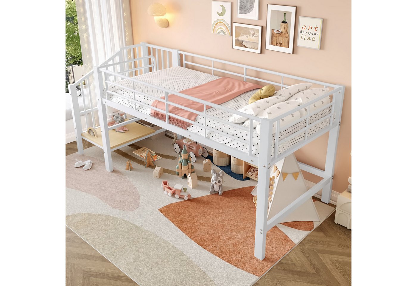 Merax Hochbett (1-St., Etagenbett Jugendbett Einzelbett) Metallbett Kinderbett 90x200cm mit Stauraumtreppe, Zaun & Lattenrost – Bild 2 von 5