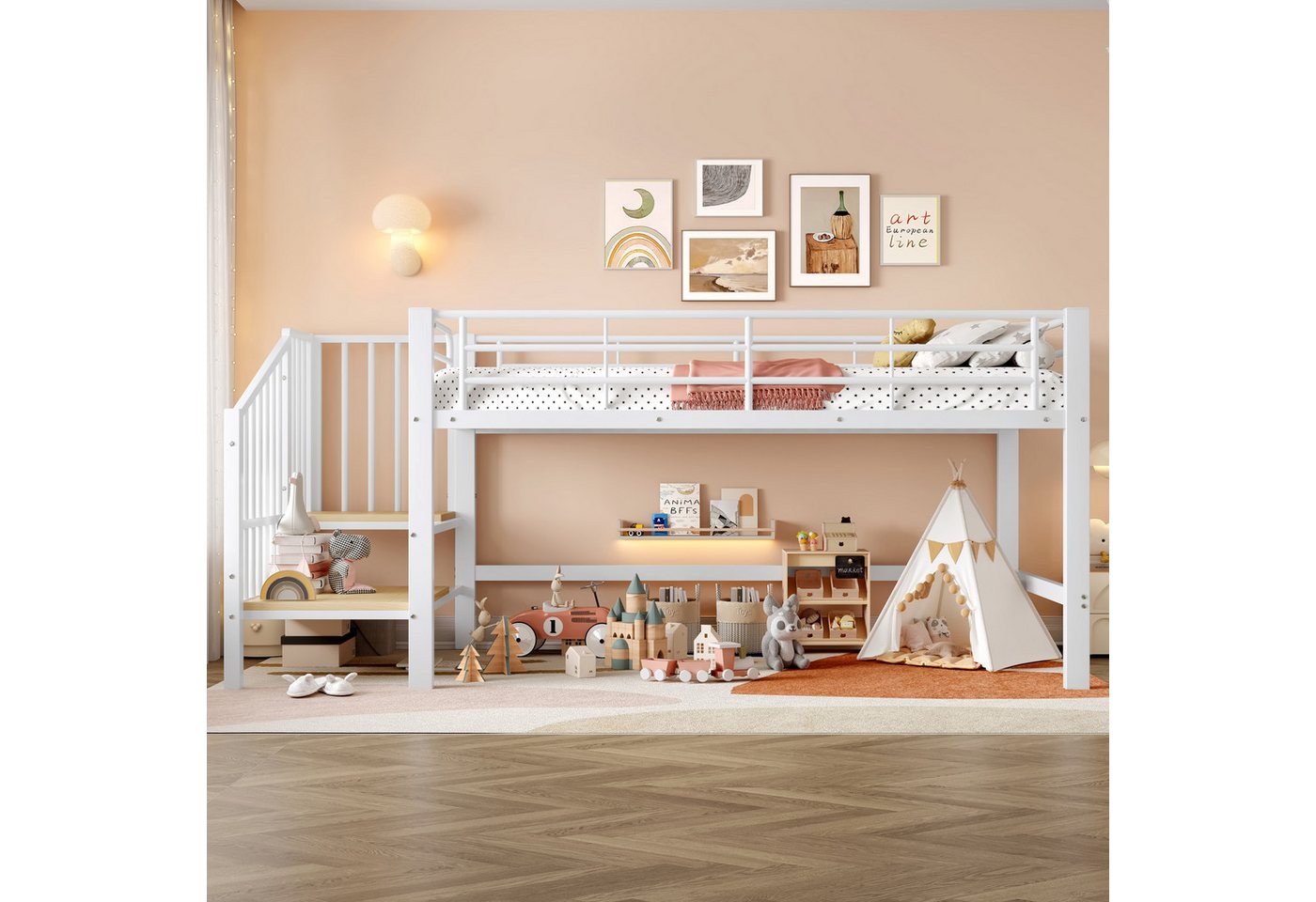 Merax Hochbett (1-St., Etagenbett Jugendbett Einzelbett) Metallbett Kinderbett 90x200cm mit Stauraumtreppe, Zaun & Lattenrost – Bild 3 von 5
