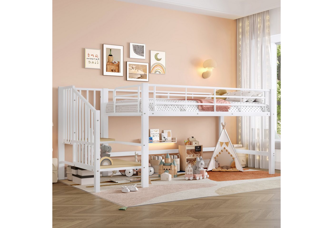 Merax Hochbett (1-St., Etagenbett Jugendbett Einzelbett) Metallbett Kinderbett 90x200cm mit Stauraumtreppe, Zaun & Lattenrost – Bild 4 von 5