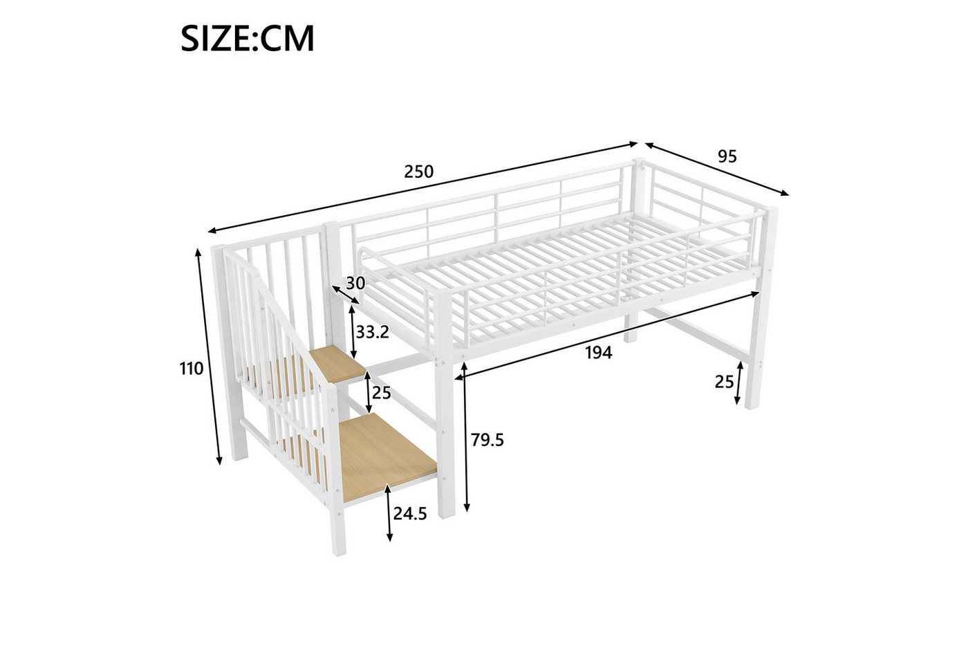 Merax Hochbett (1-St., Etagenbett Jugendbett Einzelbett) Metallbett Kinderbett 90x200cm mit Stauraumtreppe, Zaun & Lattenrost – Bild 5 von 5