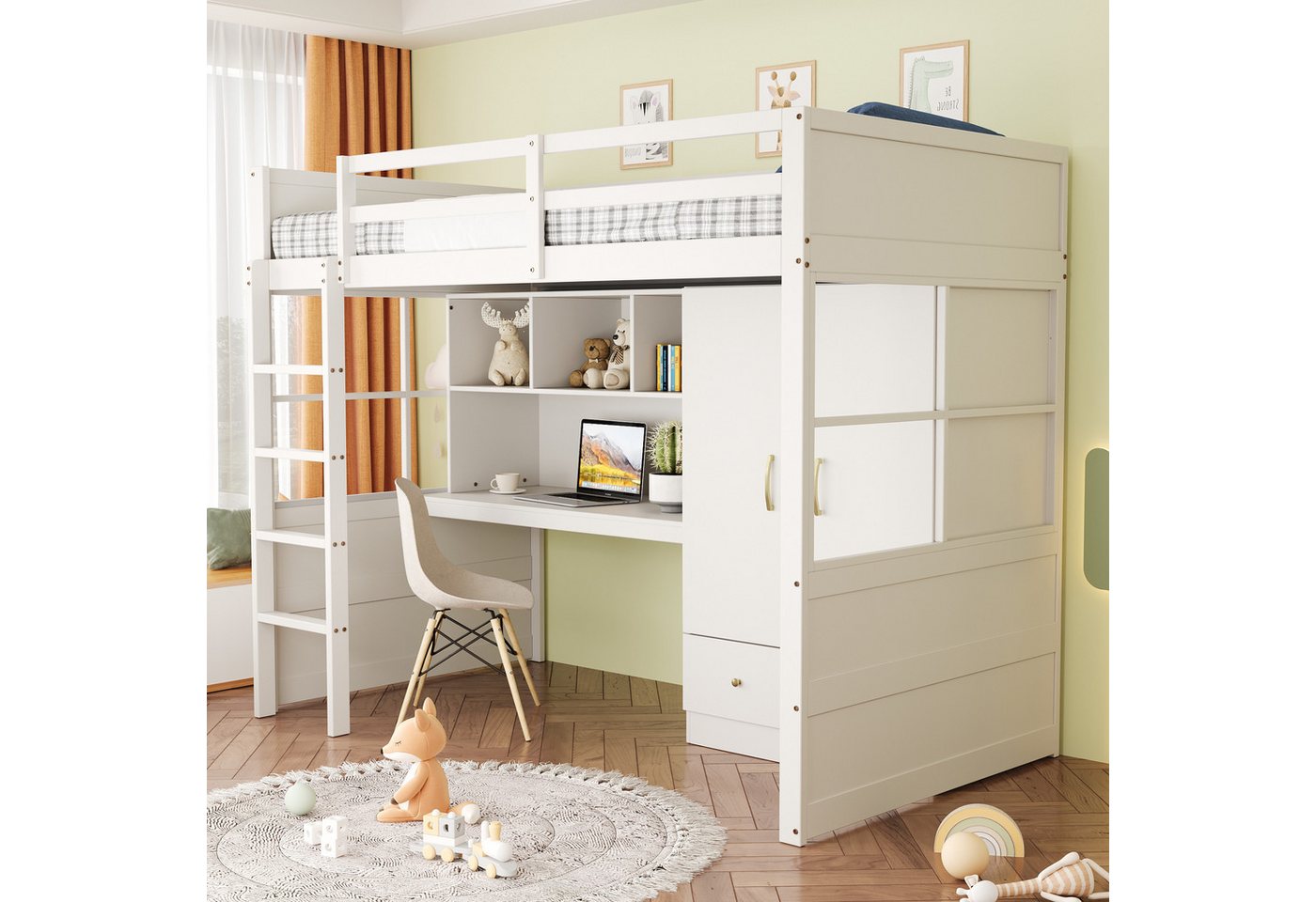 Merax Hochbett (1-St., Jugendbett Einzelbett Holzbett) Kiefer Kinderbett 90x200 cm mit Schreibtisch Kleiderschrank Schubladen – Bild 3 von 5
