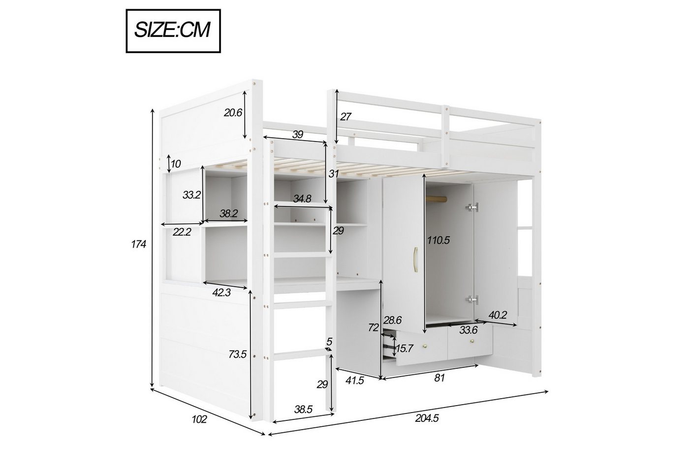 Merax Hochbett (1-St., Jugendbett Einzelbett Holzbett) Kiefer Kinderbett 90x200 cm mit Schreibtisch Kleiderschrank Schubladen – Bild 5 von 5