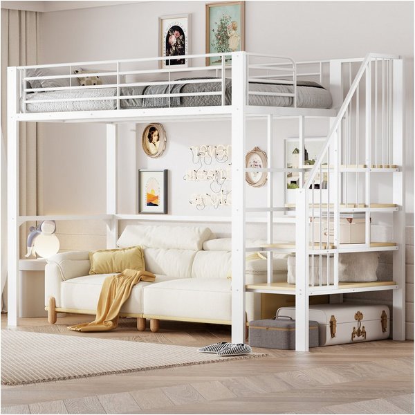 Merax Hochbett (1-St., Jugendbett Einzelbett) Metallbett Eisenbett Kinderbett 90x200cm mit Treppe & großem Stauraum
