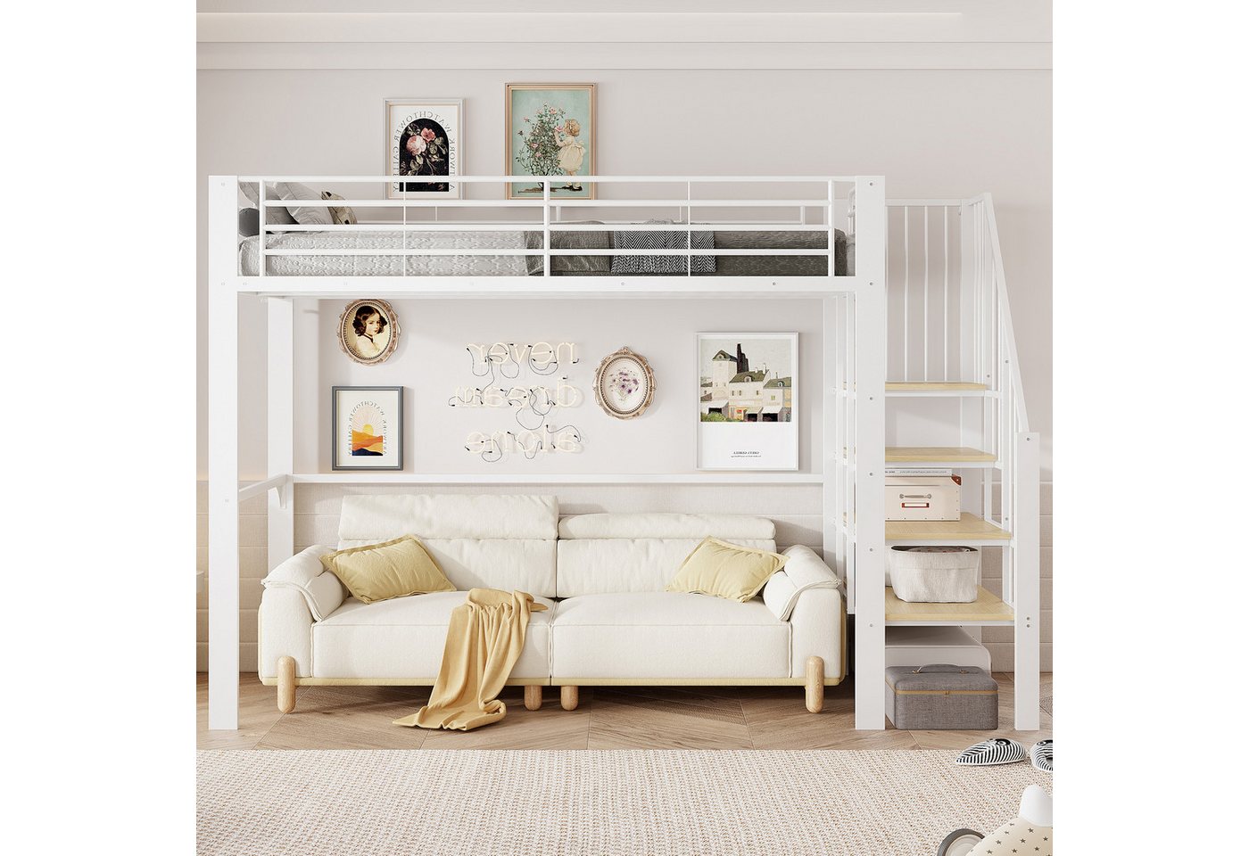 Merax Hochbett (1-St., Jugendbett Einzelbett) Metallbett Eisenbett Kinderbett 90x200cm mit Treppe & großem Stauraum – Bild 2 von 5